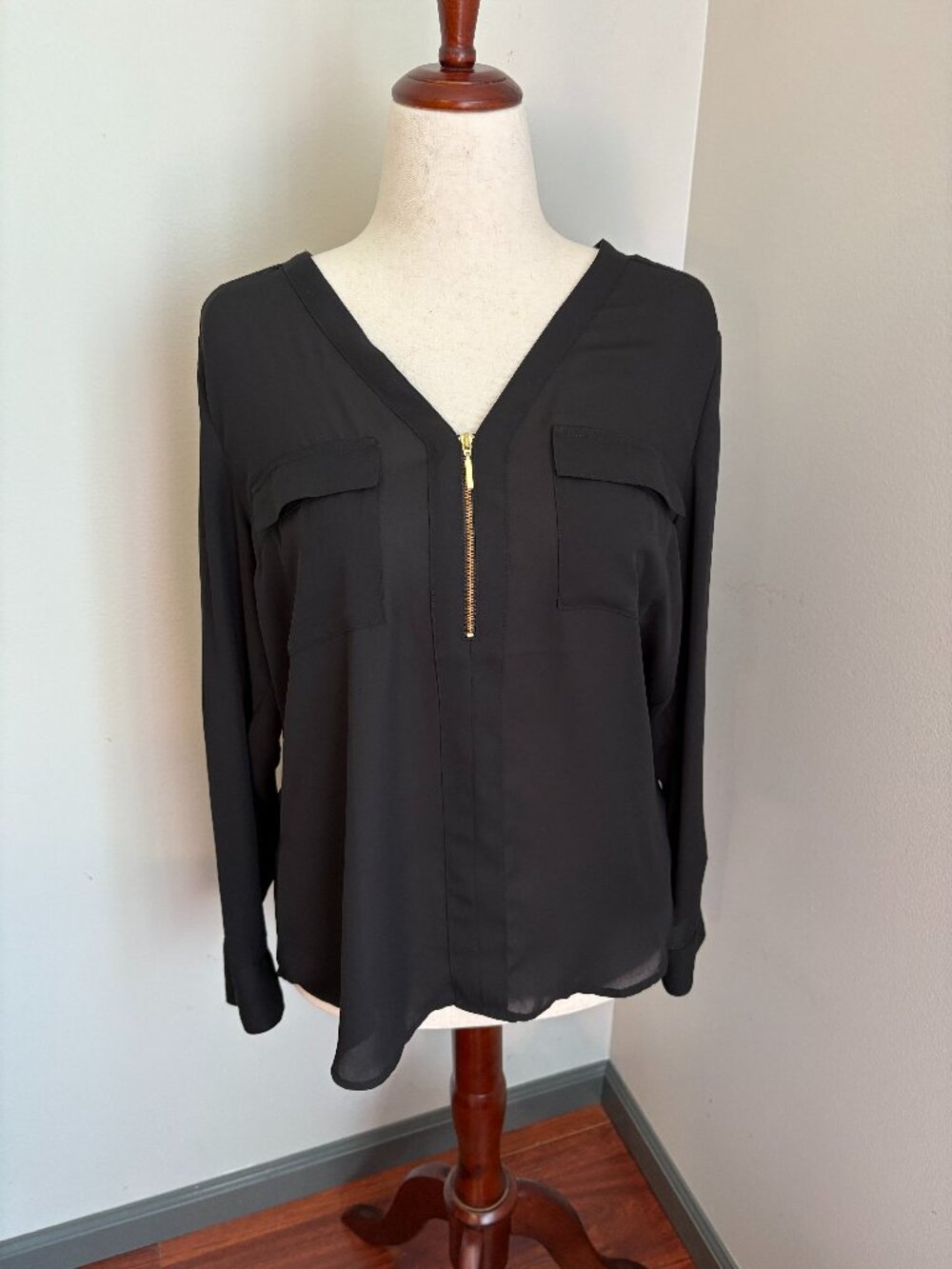 Express Black Zip Front Portofino Blouse Size Large Long Sleeve Top